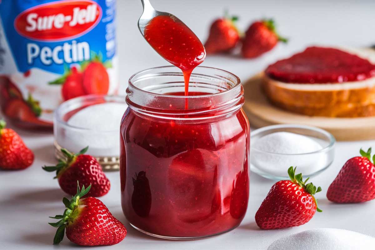 Jar of homemade Sure Jell strawberry jam with fresh strawberries and a spoon.