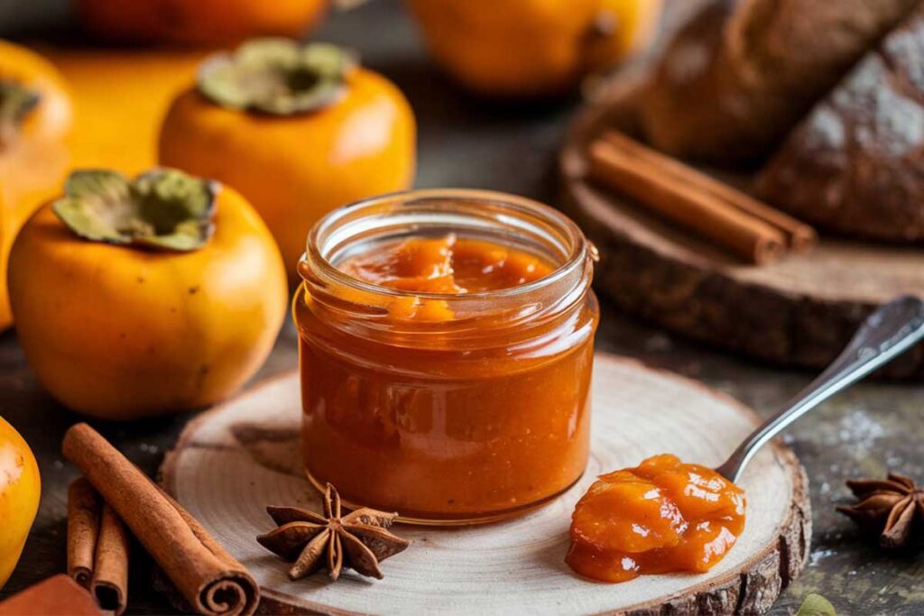 Jar of homemade persimmon jam with fresh persimmons and a spoon.