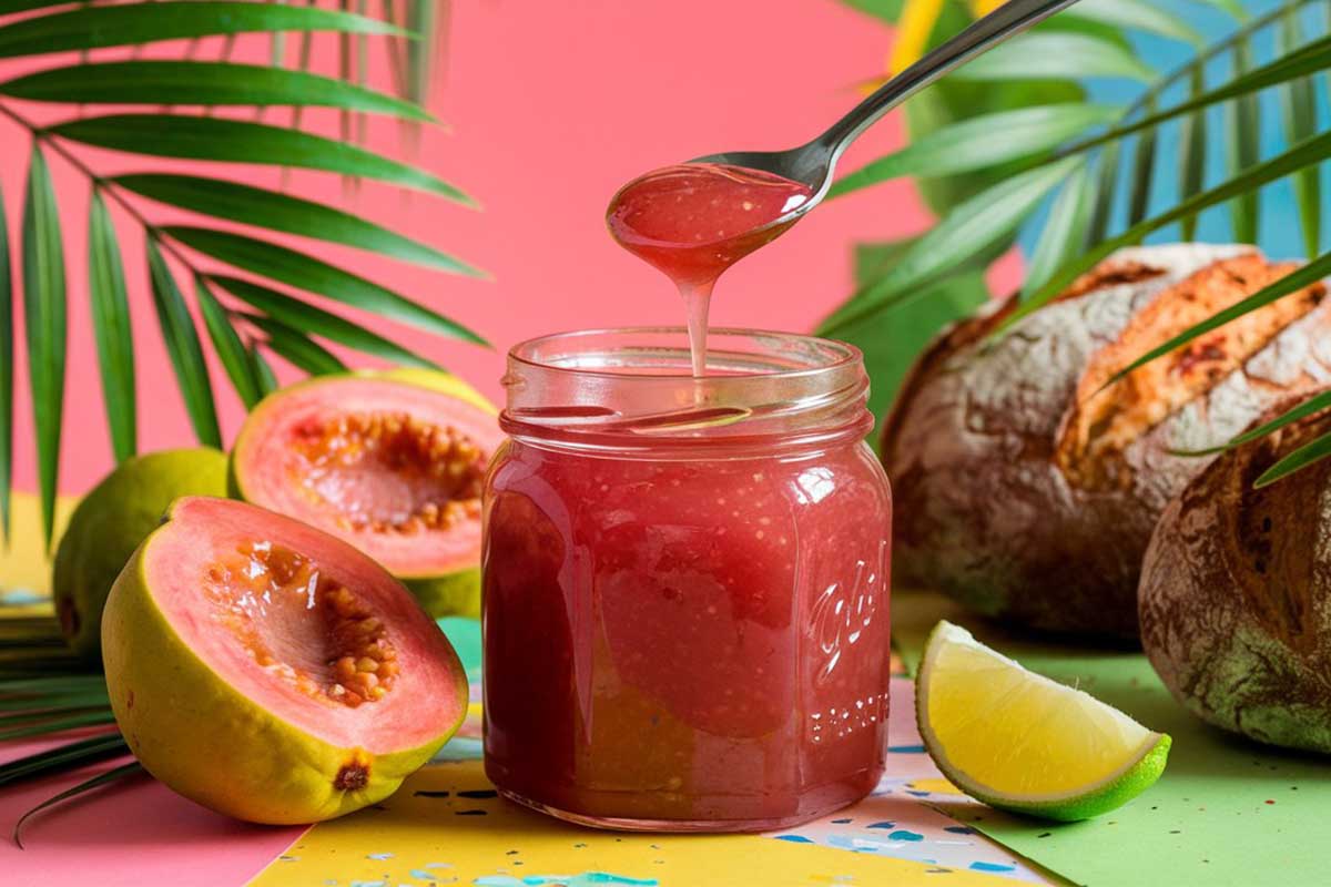 Jar of homemade guava jelly jam with fresh guavas and a spoon.