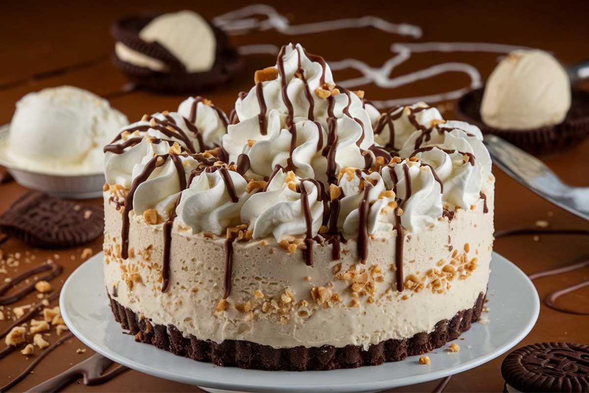 Edwards ice cream pie topped with chocolate drizzle and whipped cream on a serving plate