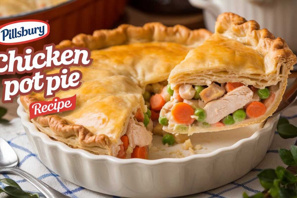 Golden Pillsbury chicken pot pie fresh out of the oven with a flaky crust.