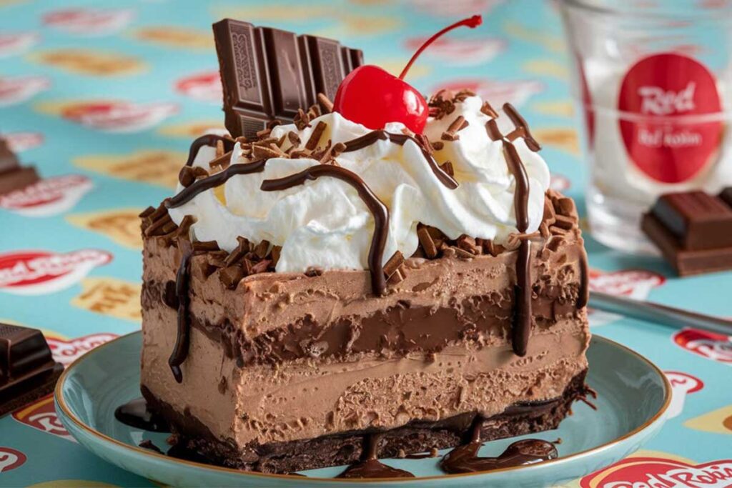 Red Robin Mud Pie Copycat dessert with ice cream, caramel, and peanut butter cookies.