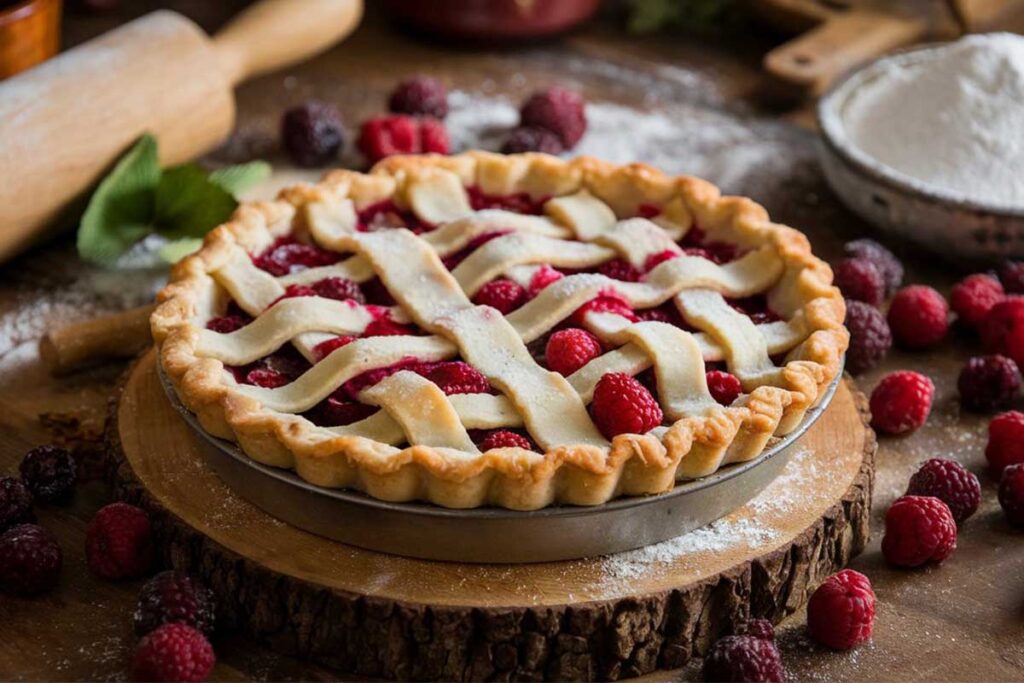 Freshly baked Goumi Berry Pie with a golden crust and vibrant red berry filling.