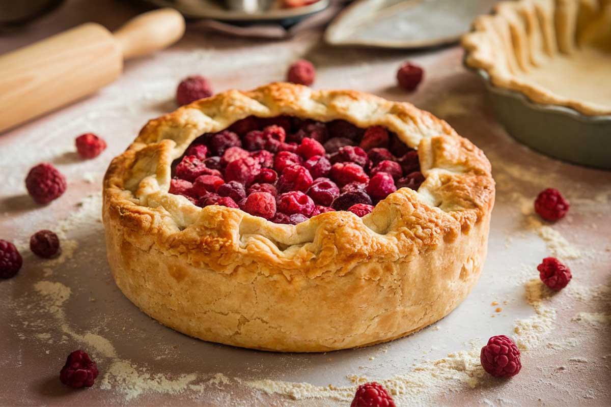 A freshly baked Goumi Berry Pie with golden crust and red berry filling.