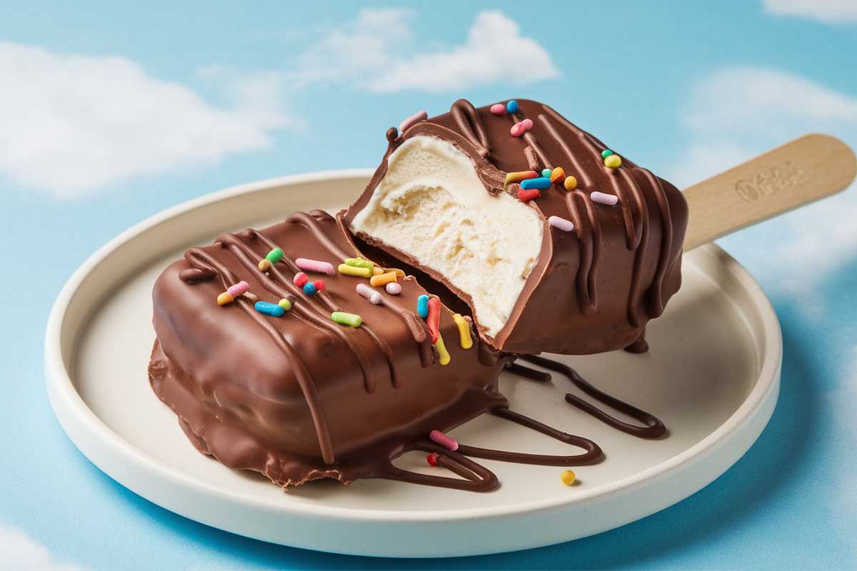 Homemade Eskimo Pie popsicle with chocolate coating and vanilla ice cream.