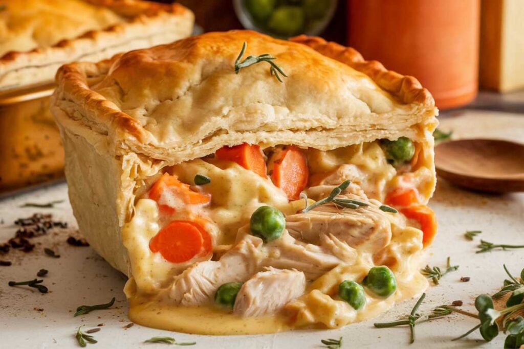 Golden Bisquick pot pie with a creamy chicken and vegetable filling