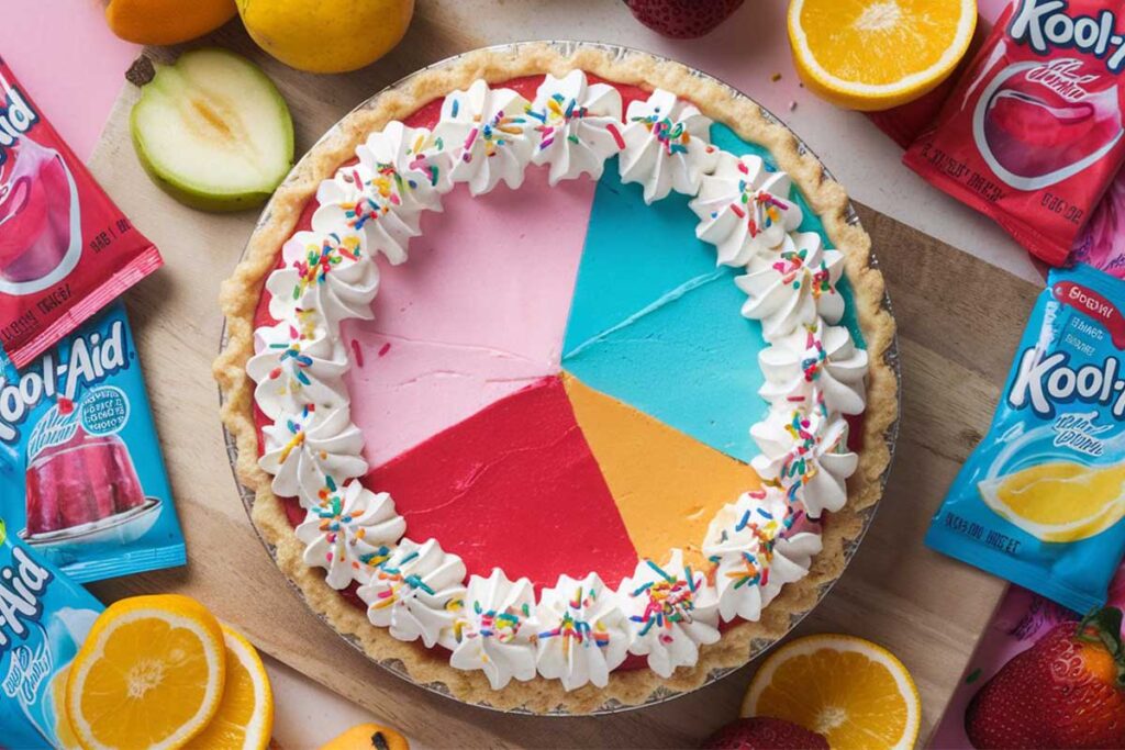 Vibrant Kool Aid Pie with whipped topping and a graham cracker crust.