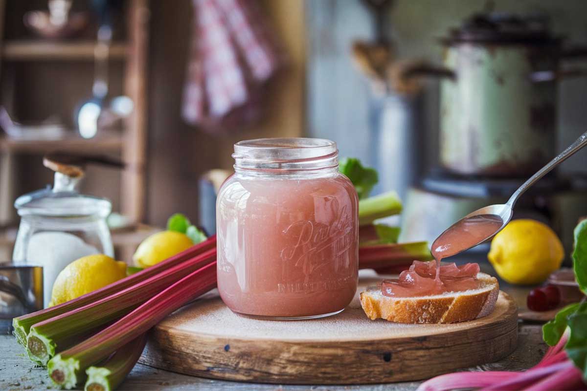 Jar of homemade rhubarb jelly with fresh rhubarb stalks and a spoon.