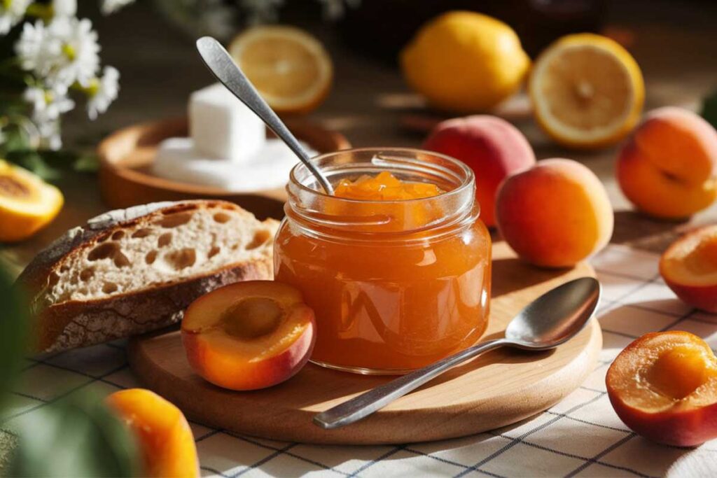 Homemade apricot jelly in a jar with fresh apricots on the side.