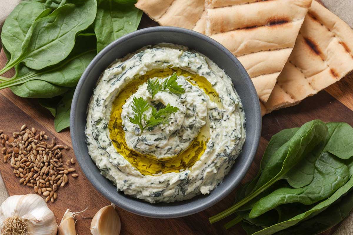 Fresh coriander spinach dip borani served in a bowl with pita bread on the side.