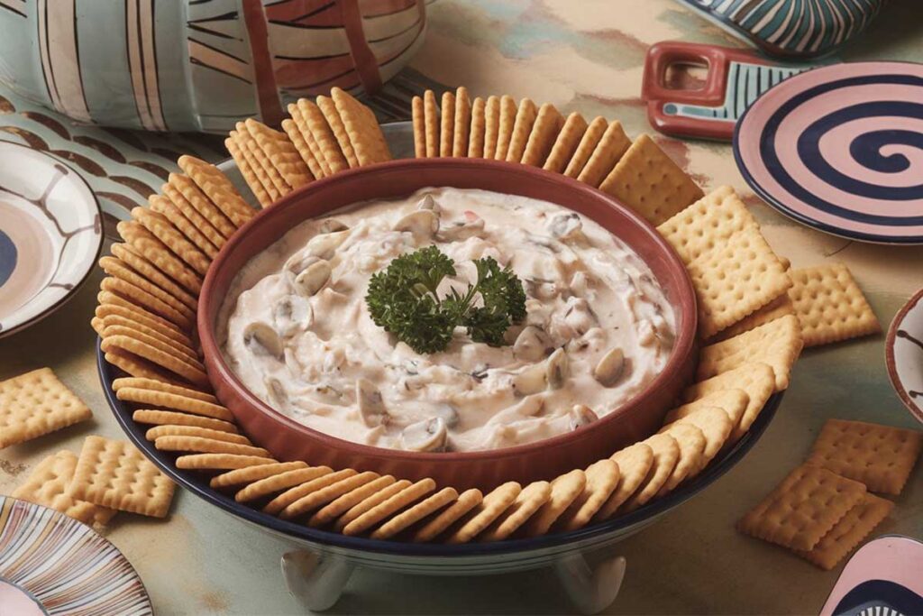 A bowl of old-fashioned clam dip with crackers and clams on the side.