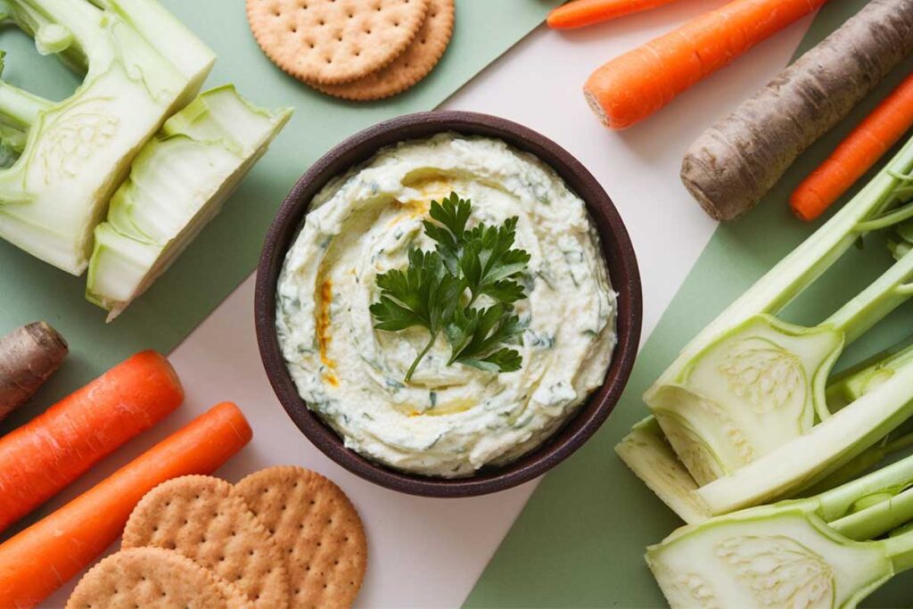 A bowl of creamy kohlrabi dip served with fresh vegetable sticks and pita bread.