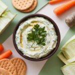 A bowl of creamy kohlrabi dip served with fresh vegetable sticks and pita bread.