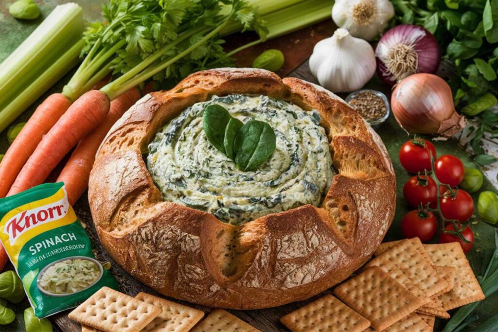 A creamy bowl of Knorr's spinach dip served with bread and vegetable dippers.