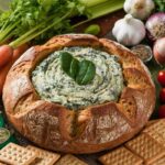 A creamy bowl of Knorr's spinach dip served with bread and vegetable dippers.