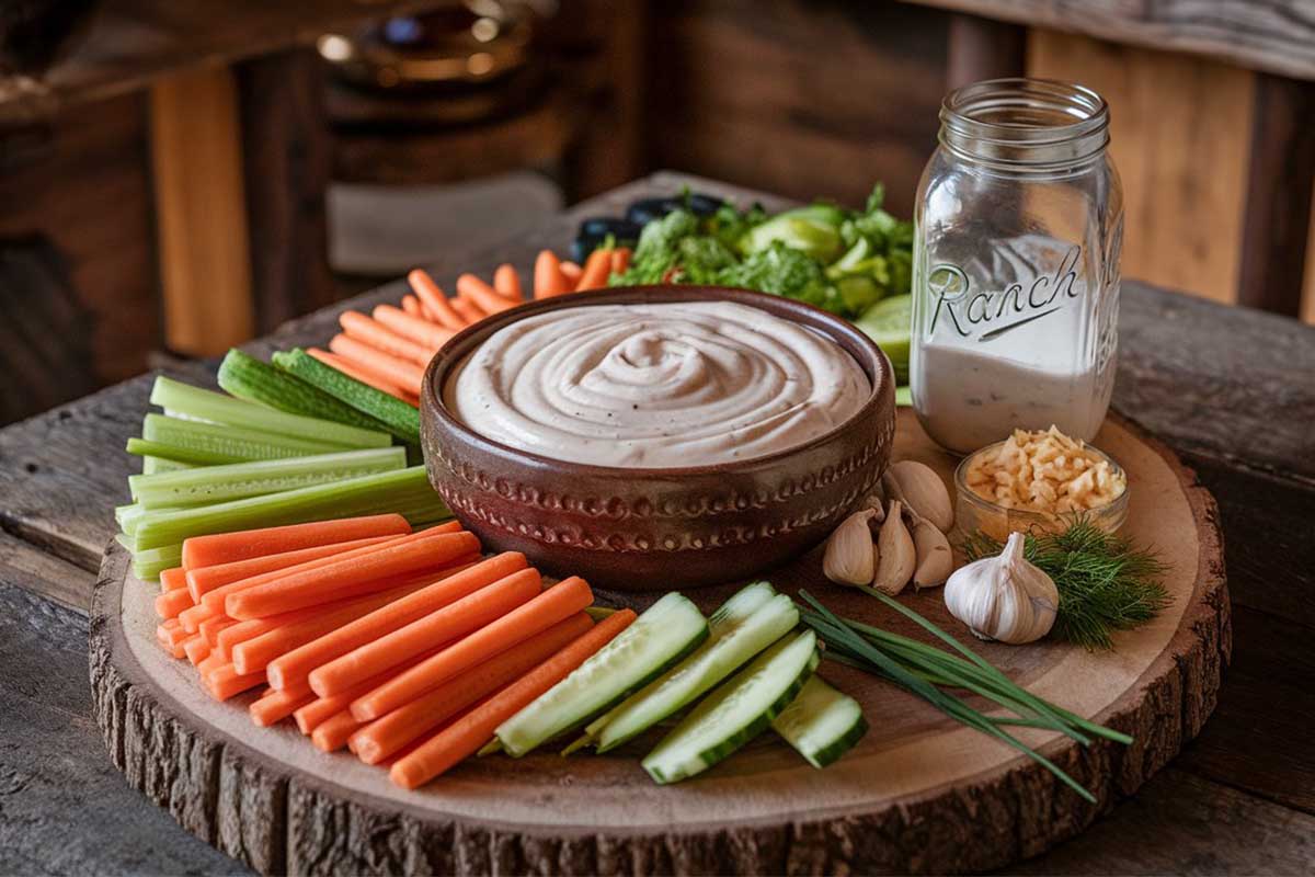 Homemade Texas Roadhouse Ranch Dip served with fresh vegetables and chips.