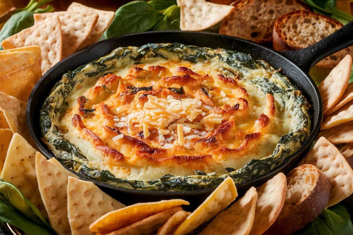 Chili's Bar and Grill Spinach Artichoke Dip served with tortilla chips and vegetables.