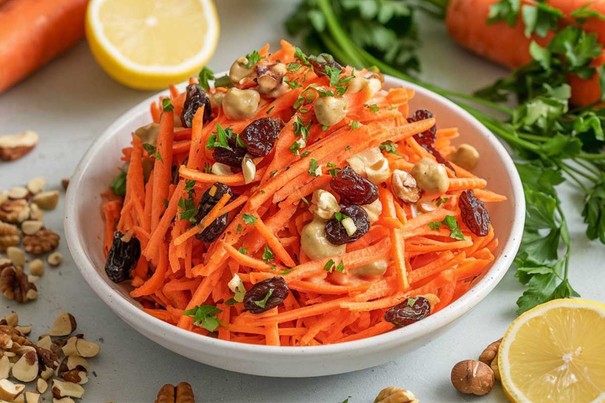 Bowl of carrot raisin salad with a creamy dressing