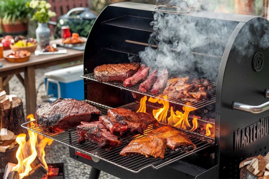 Masterbuilt smoker with pulled pork, smoked brisket, and salmon