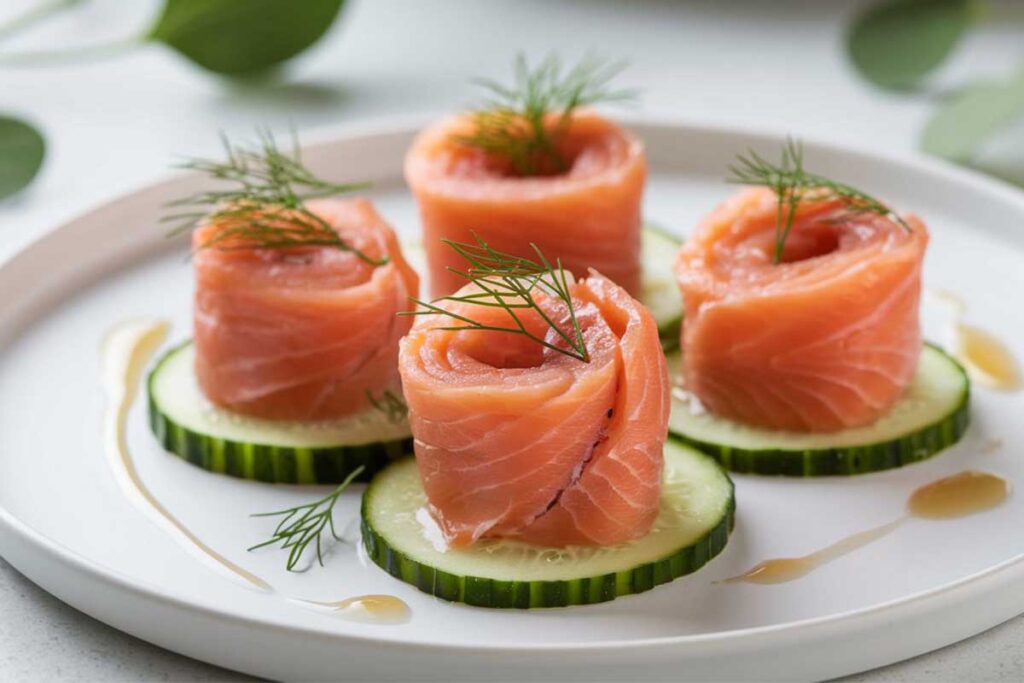 Chatelaine smoked salmon roll on cucumber